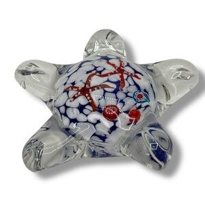 Murano Style Mellefiori Art Glass Starfish Paperweight Red White & Blue Nautical